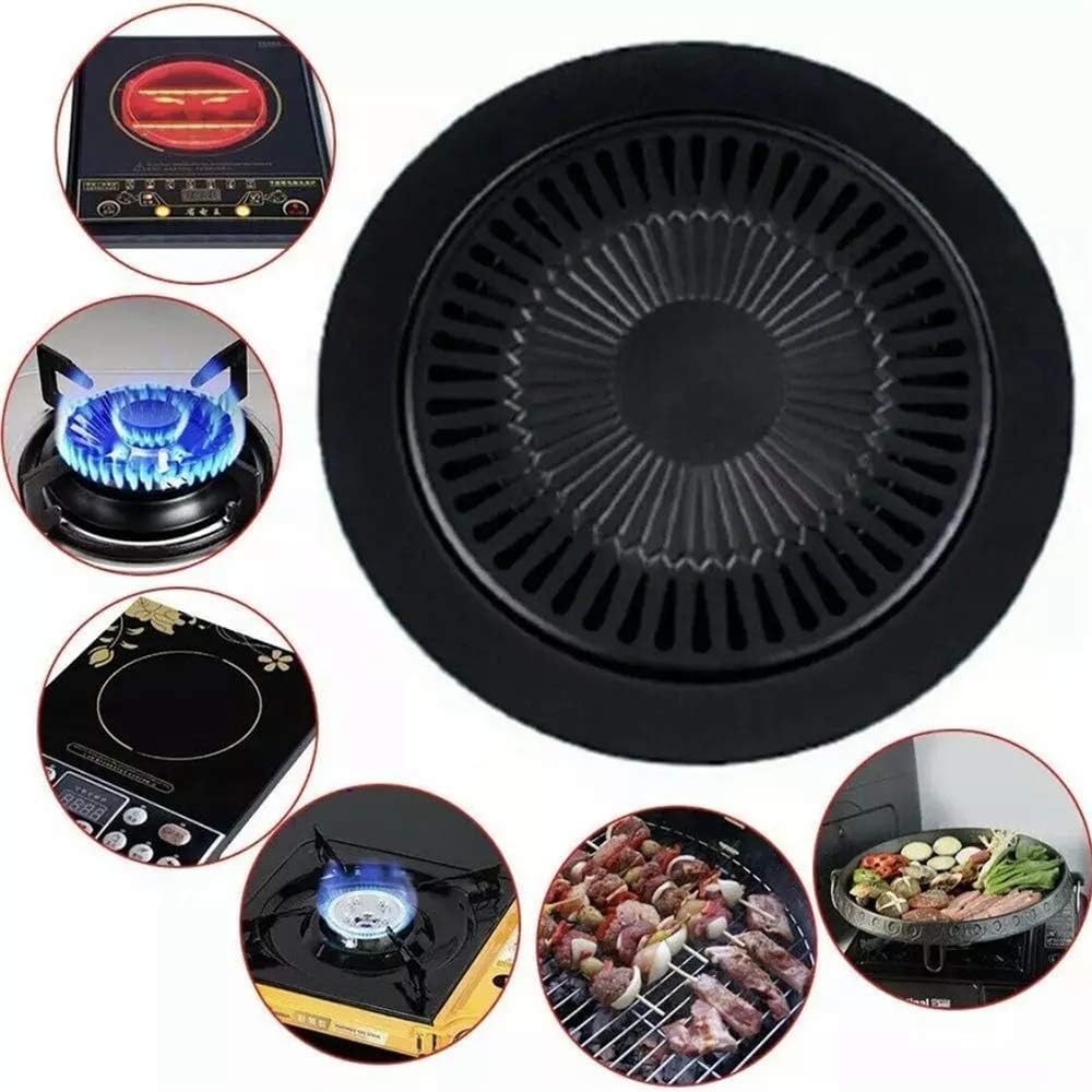 Korean-Style Round Grill Pan, Traditional Cast Iron Barbecue Plate Tray, Korean BBQ Egg Grill Pan, 12-Inch Smokeless Stovetop