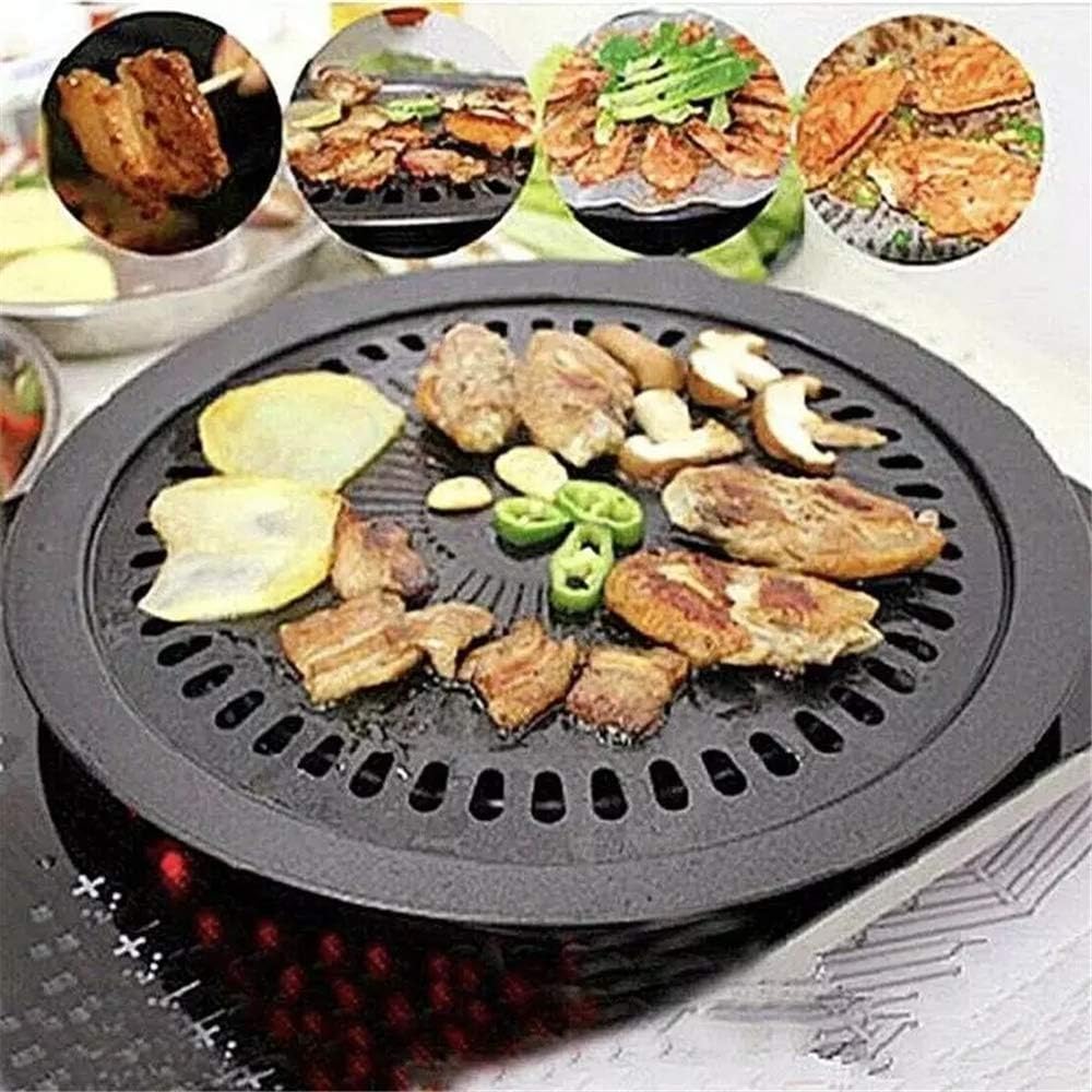 Korean-Style Round Grill Pan, Traditional Cast Iron Barbecue Plate Tray, Korean BBQ Egg Grill Pan, 12-Inch Smokeless Stovetop