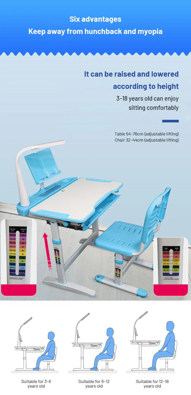 Kids Learning Table and Chair Set Height Adjustable Study Desk with Tilt Desktop With Metal Hook and Storage Drawer