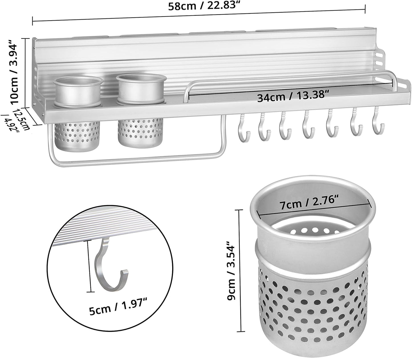 Multifunctional Wall Mount Aluminium Hanging Utensil Display Rack Shelf Organizer for Ladles Spoons Pans Spices Cutlery Cookware with Knife and Hand Towel Holder