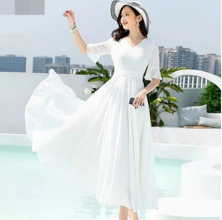 Office lady short-sleeved dress fashion elegant empire V-neck slim  women's clothing