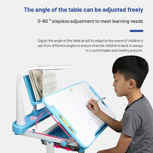 Kids Learning Table and Chair Set Height Adjustable Study Desk with Tilt Desktop With Metal Hook and Storage Drawer