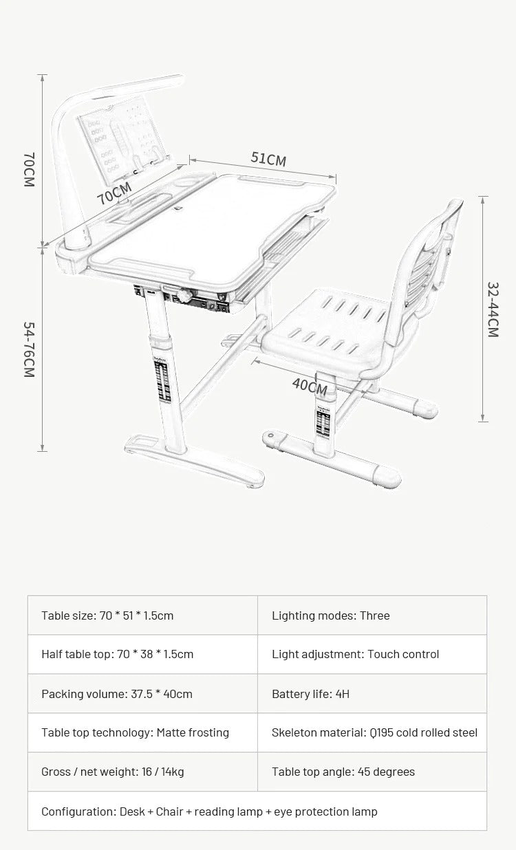 Kids Learning Table and Chair Set Height Adjustable Study Desk with Tilt Desktop With Metal Hook and Storage Drawer