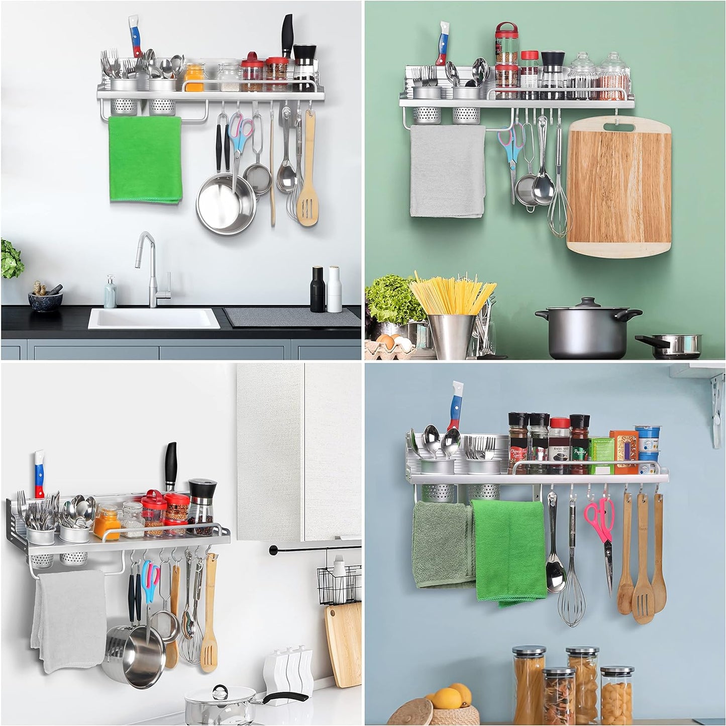 Multifunctional Wall Mount Aluminium Hanging Utensil Display Rack Shelf Organizer for Ladles Spoons Pans Spices Cutlery Cookware with Knife and Hand Towel Holder