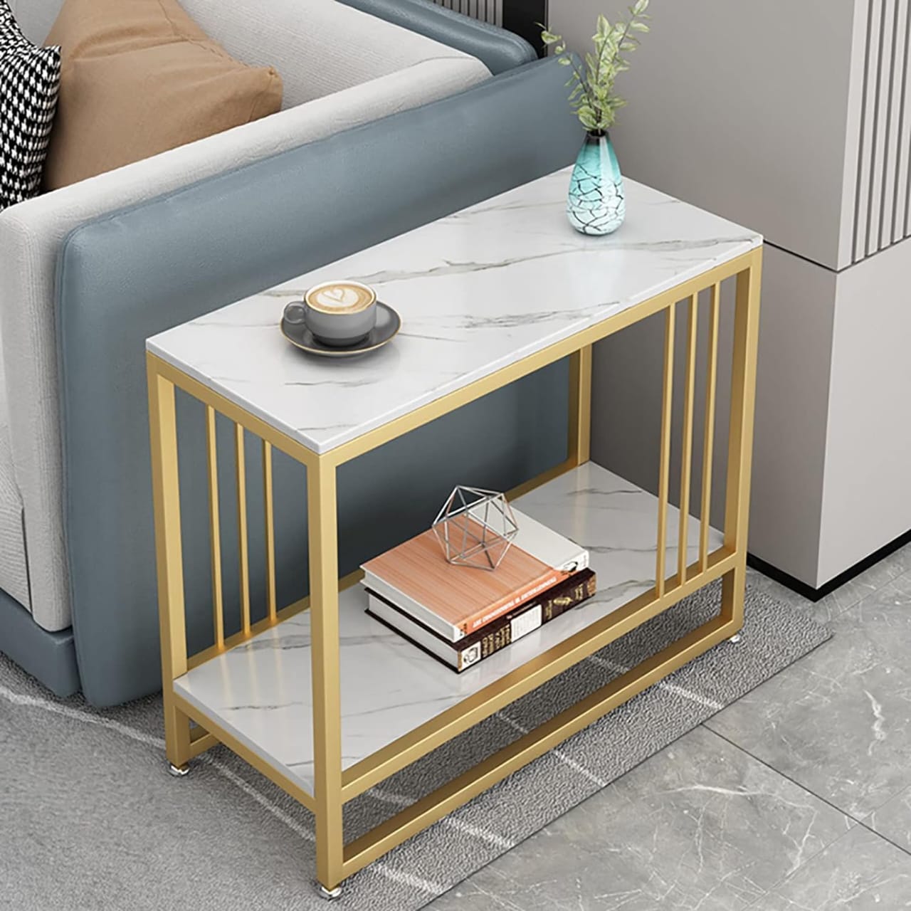 Modern Marble Slim Side Table with Storage Shelf – Stylish End Tables for Living Room and Space-Saving Sofa Tables (Size:65 * 28 * 55cm,)