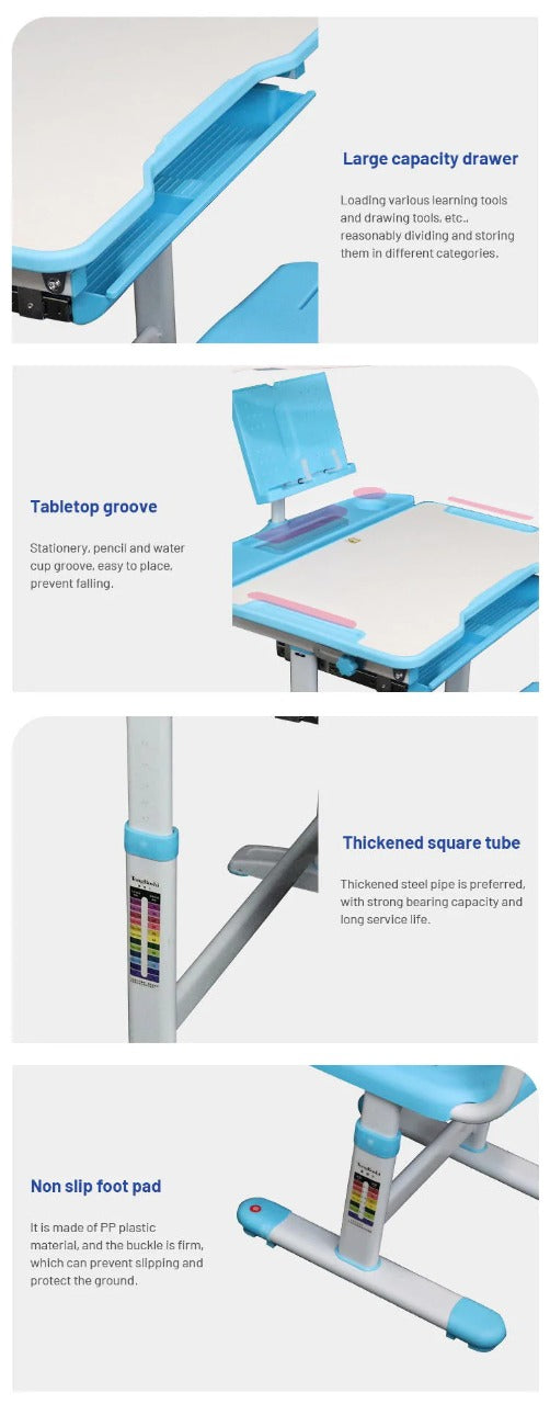 Kids Learning Table and Chair Set Height Adjustable Study Desk with Tilt Desktop With Metal Hook and Storage Drawer